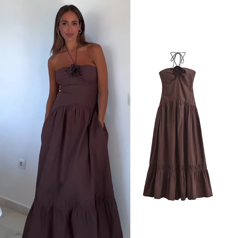 Vestido Marrom Midi Rodado Majô